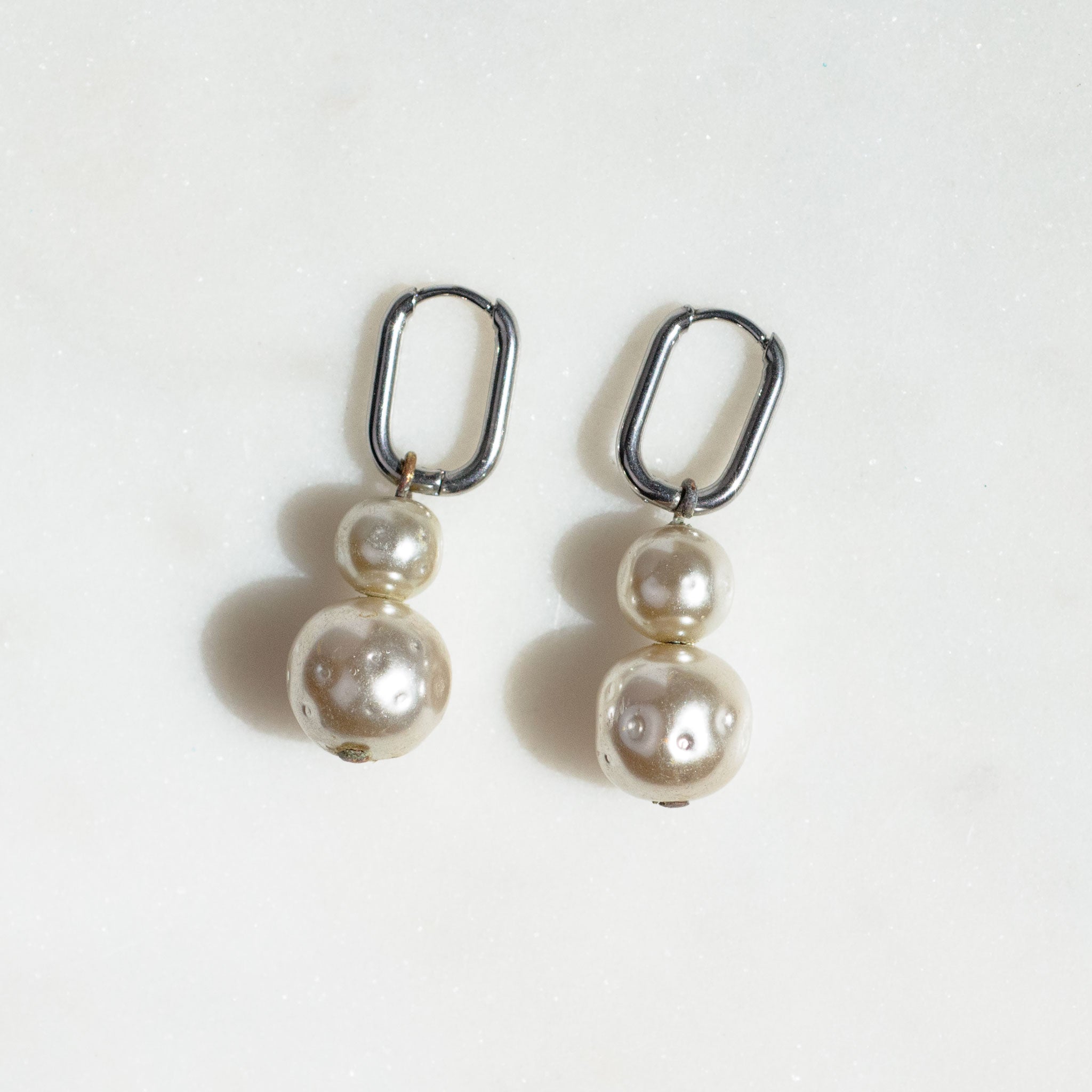 Pearl Drop Earring - Double Silver, handmade fused glass earring in Gold and Silver, alternate view, by Katie Kismet
