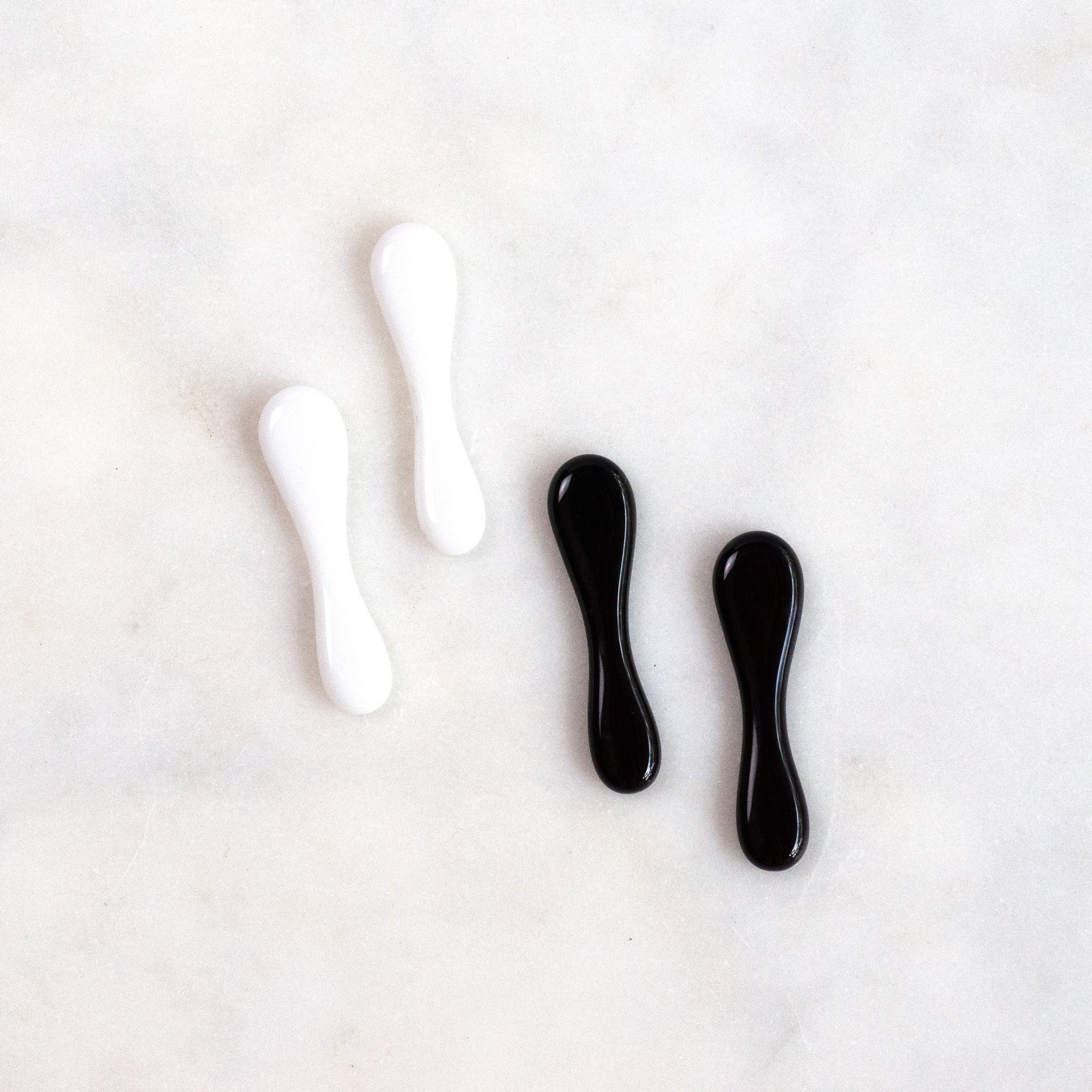 Outline Earring - Driplet, handmade fused glass earring in Clear, White and Black, alternate view, by Katie Kismet
