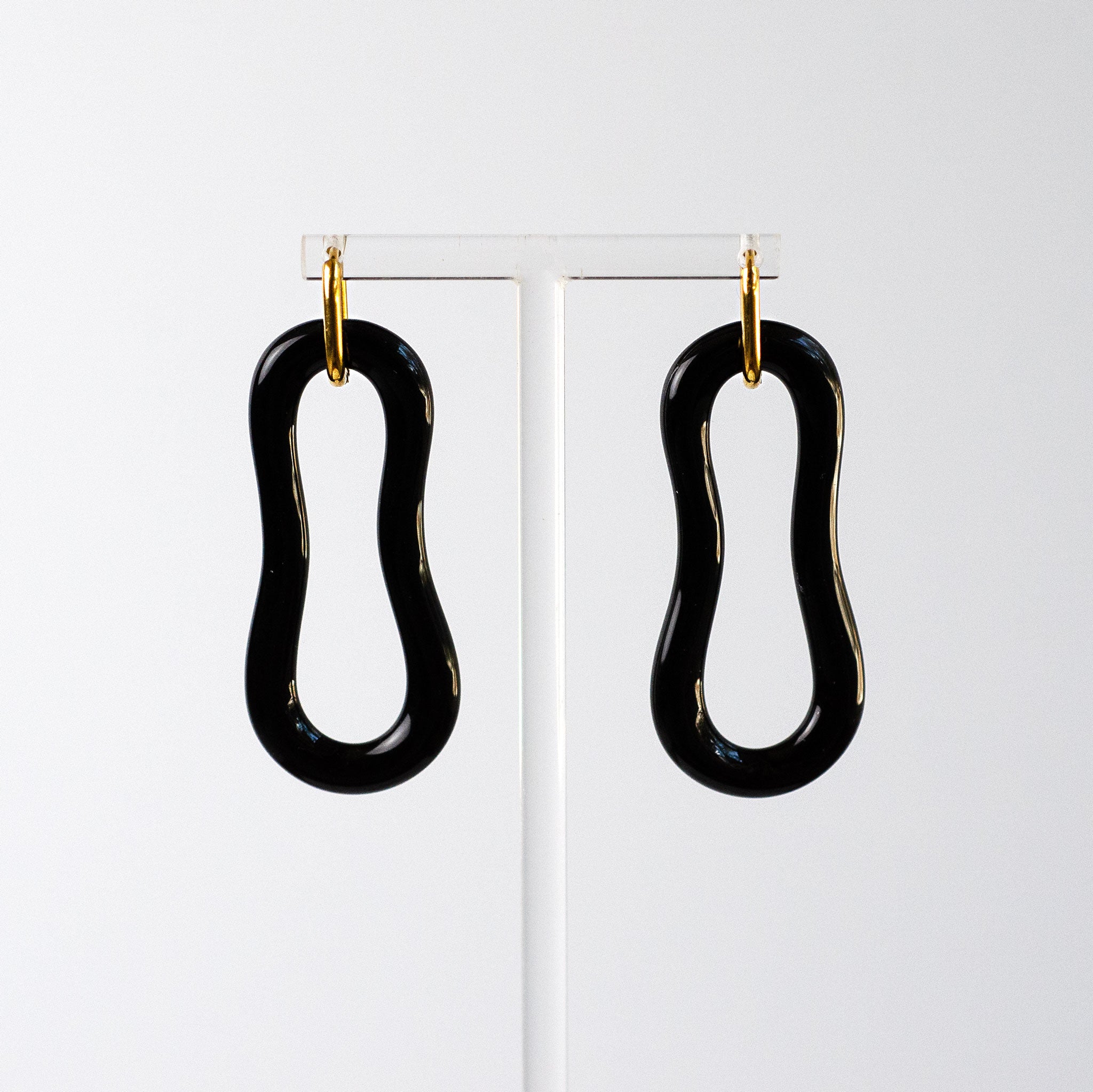 Outline Earring - Drip, handmade fused glass earring in Clear, White and Black, alternate view, by Katie Kismet