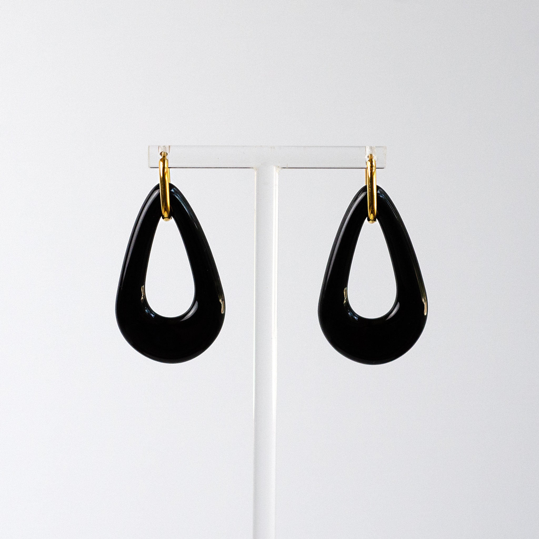 Outline Earring - Drop, handmade fused glass earring in Clear, White and Black, alternate view, by Katie Kismet