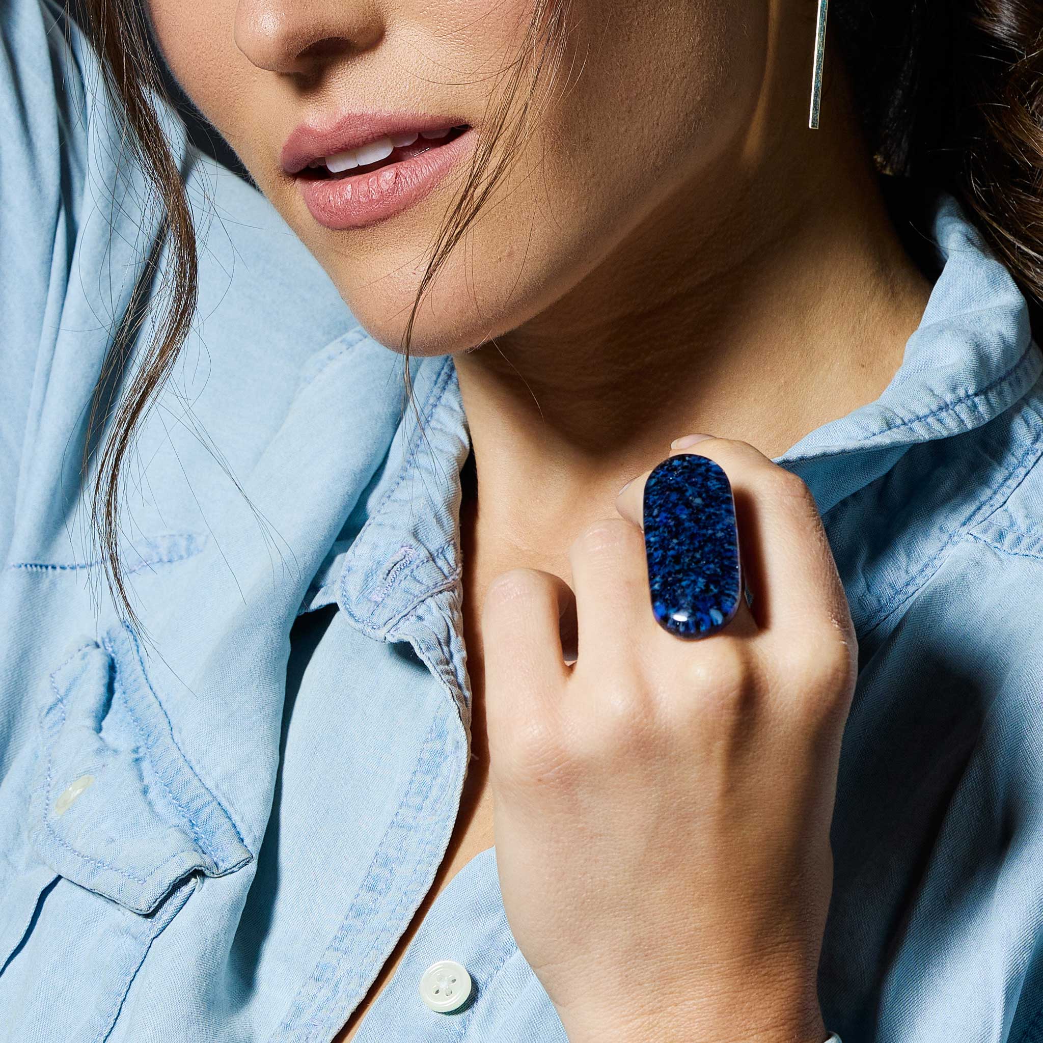 Stone Oval Ring, handmade fused glass ring, alternate view, by Katie Kismet