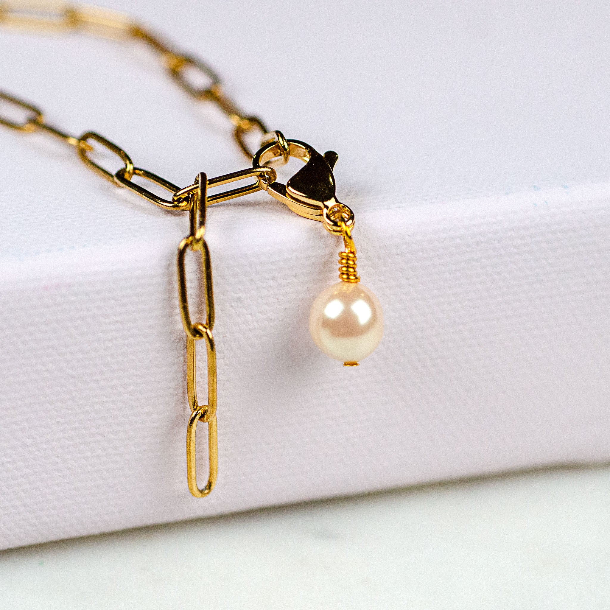 Pearl Paperclip Bracelet, handmade fused glass bracelet in Gold and Silver, alternate view, by Katie Kismet
