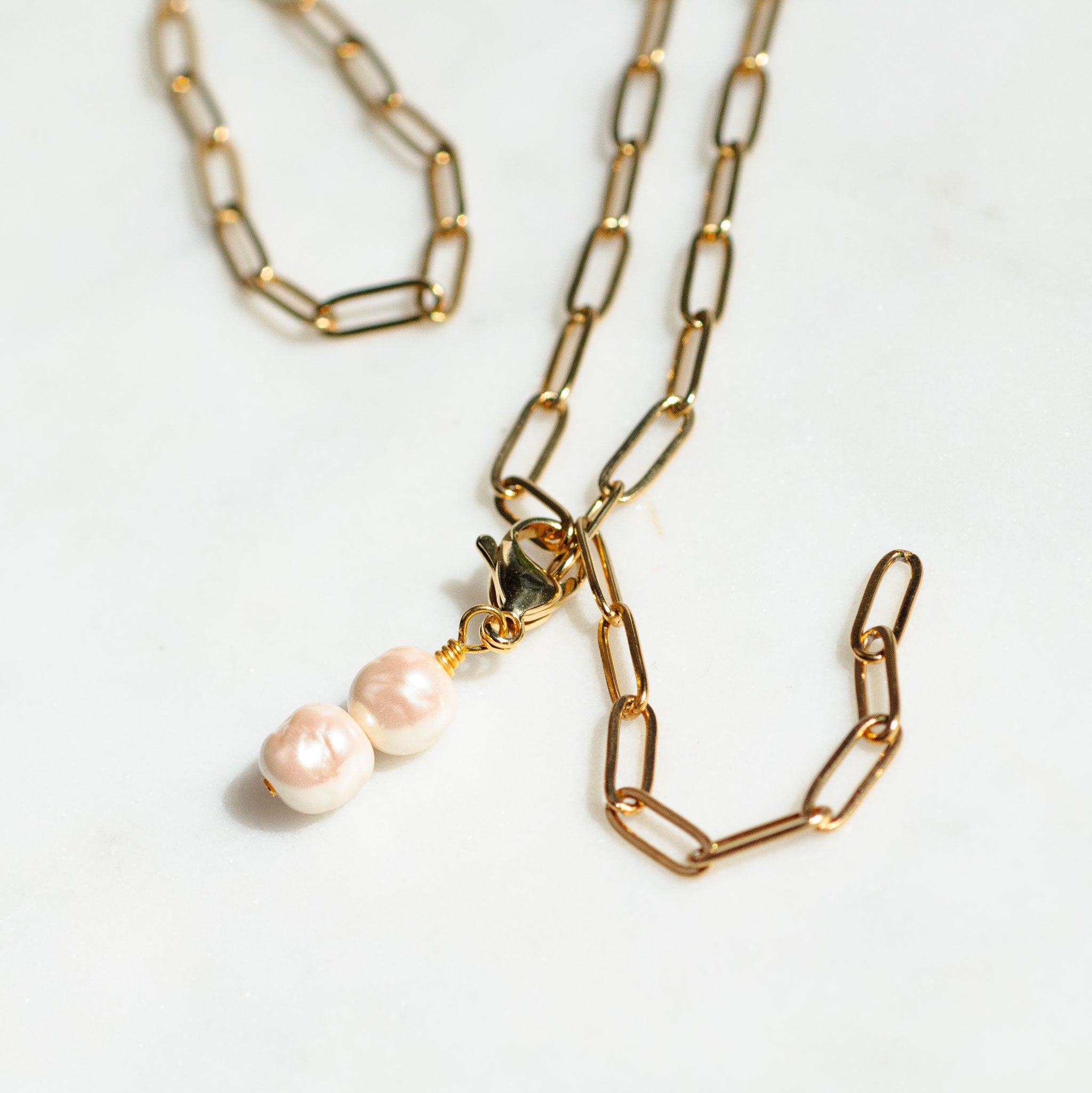 Pearl Paperclip Bolo Necklace, handmade fused glass necklace in Gold and Silver, by Katie Kismet
