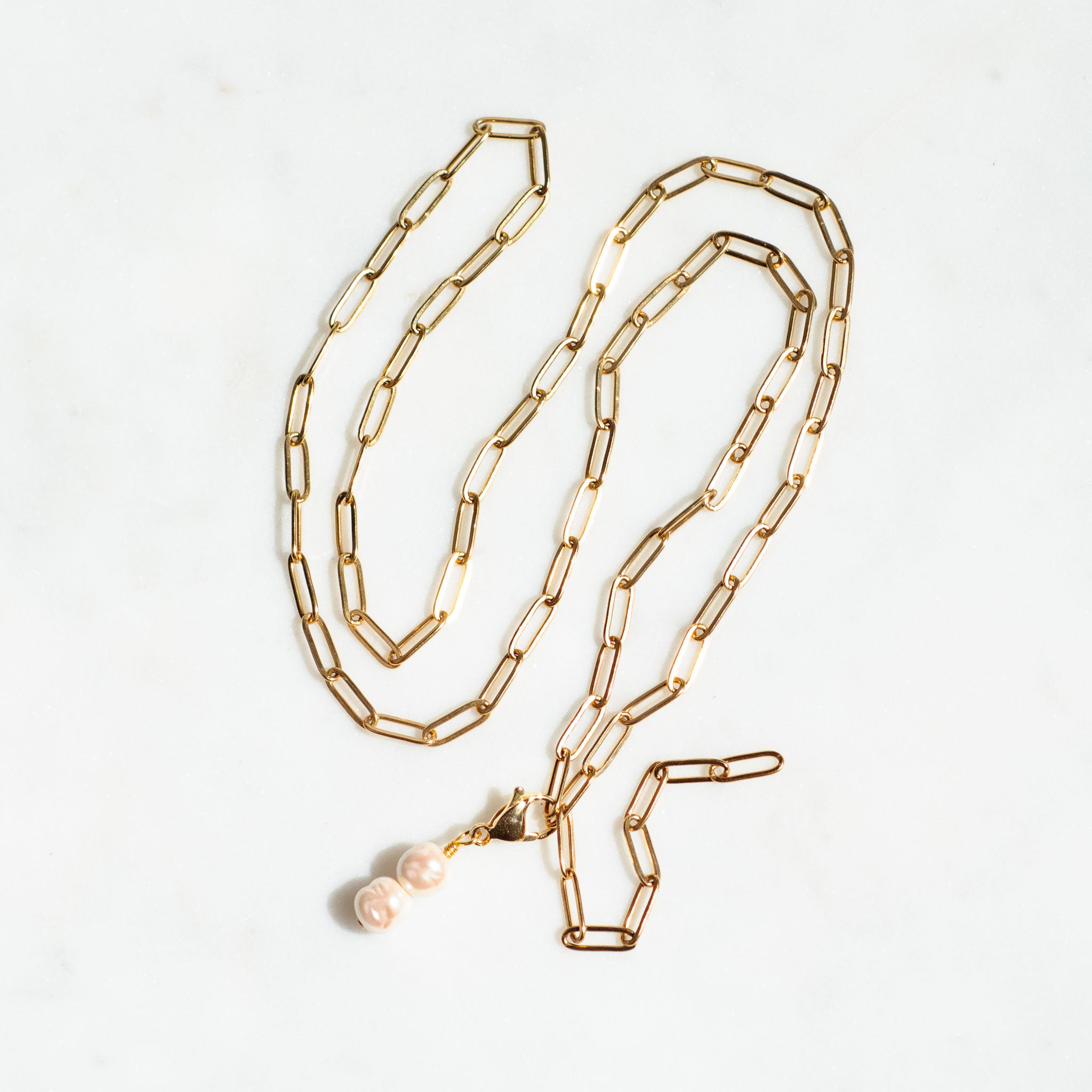 Pearl Paperclip Bolo Necklace, handmade fused glass necklace in Gold and Silver, alternate view, by Katie Kismet