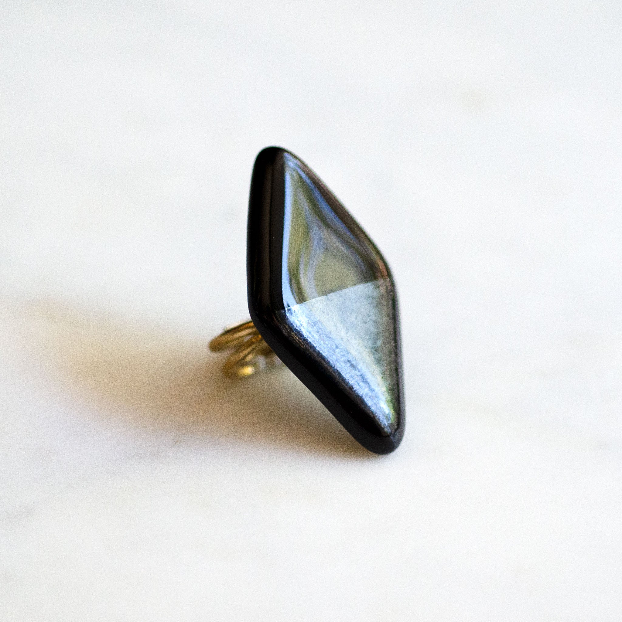 Black Diamond Statement Ring, handmade fused glass ring, by Katie Kismet
