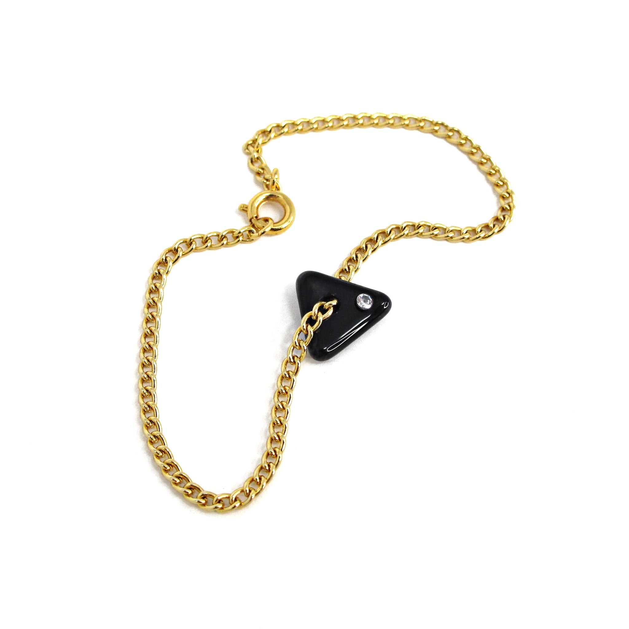 Katie Kismet black Tri Bracelet on gold chain with faux diamond embed