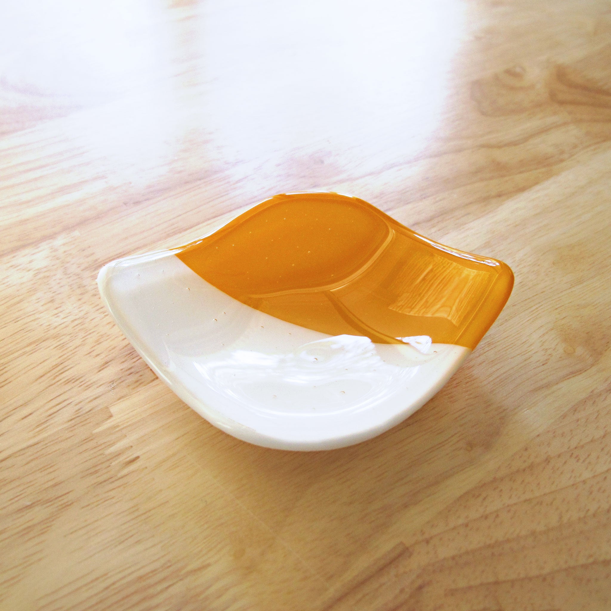 Katie Kismet yellow and white catchall dish for rings, candles, cone incense (top view)