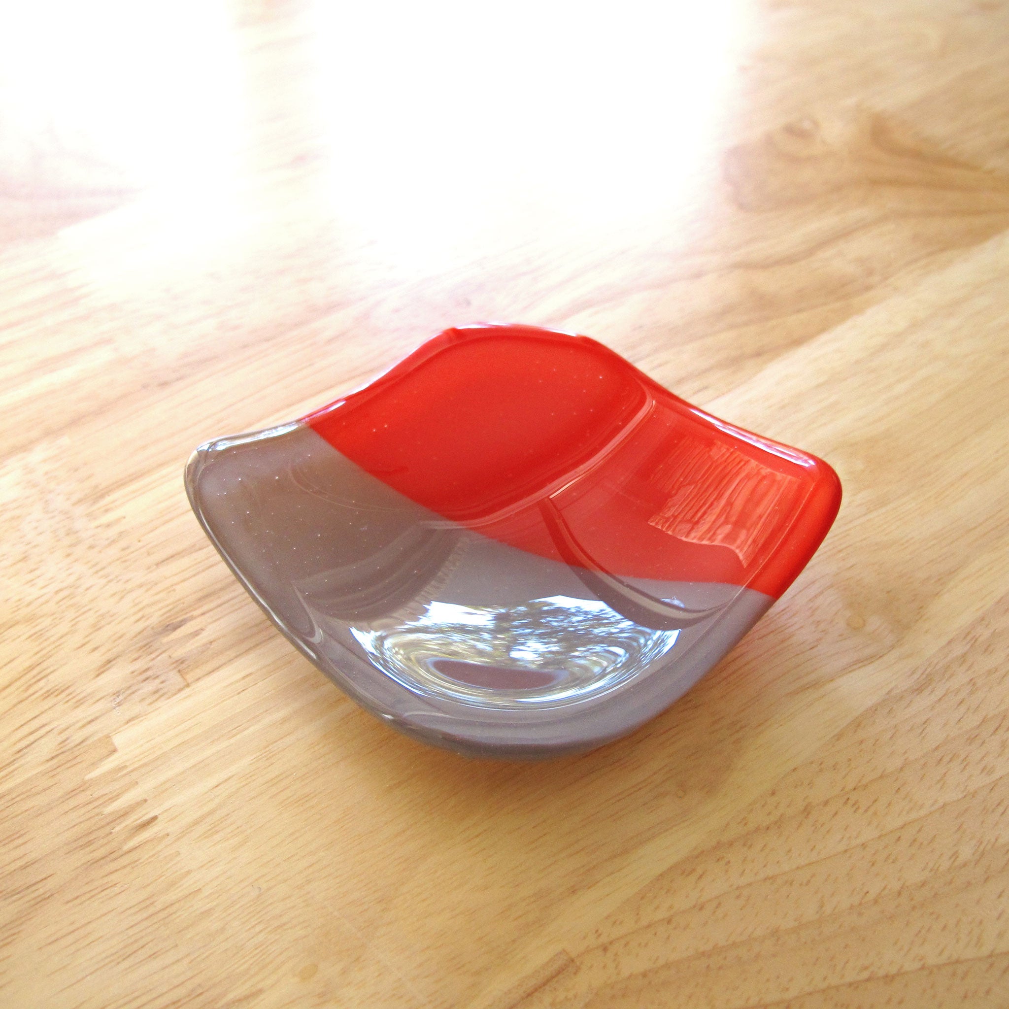 Katie Kismet red and gray catchall dish for rings, candles, cone incense (top view)