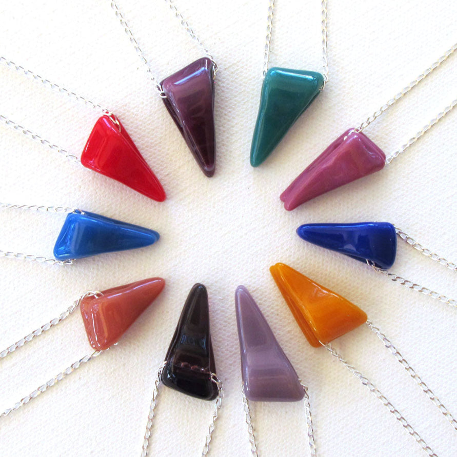 Glass wedge pendant necklace in many colors on sterling silver chain